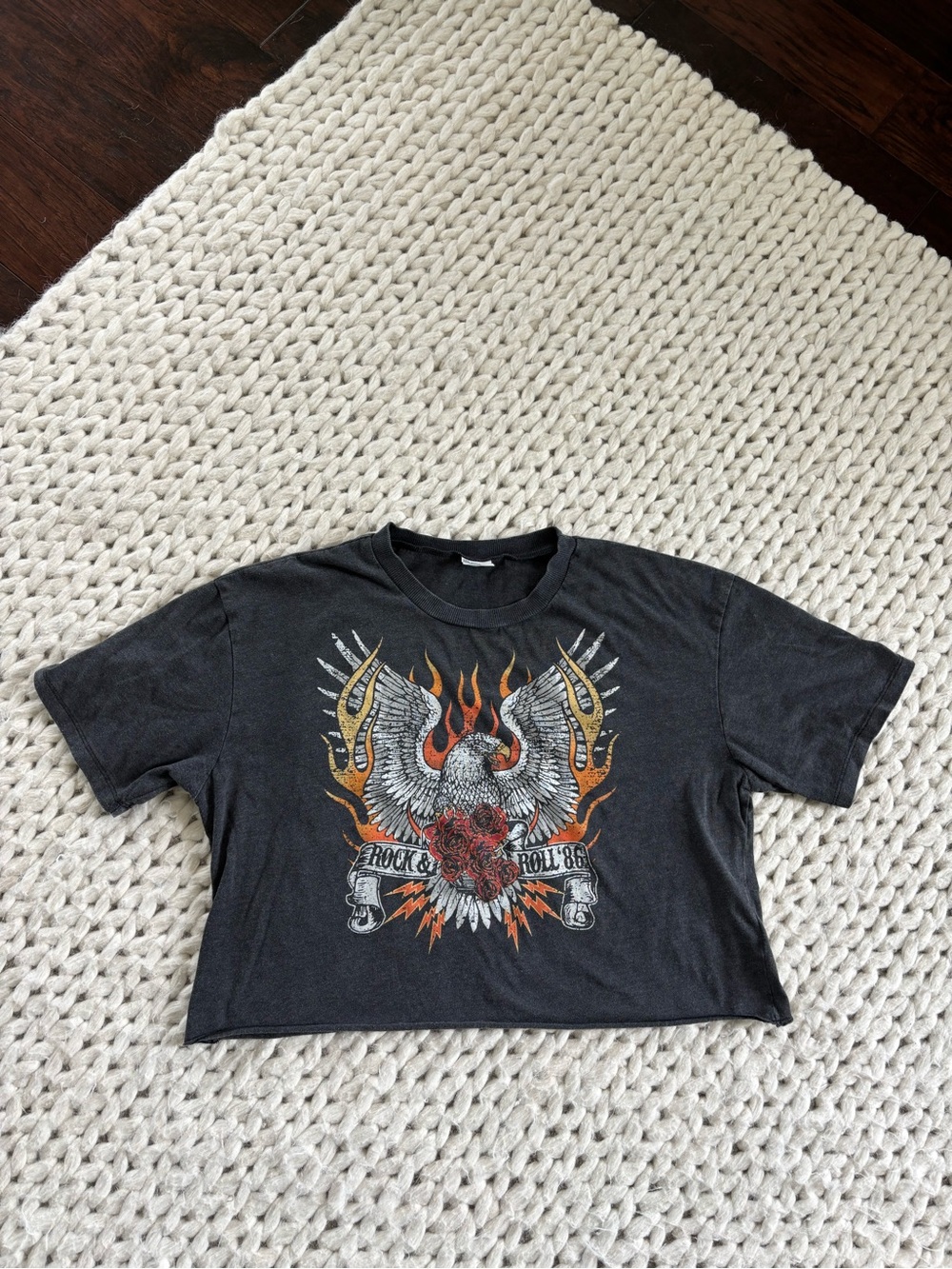 Heather Charcoal Graphic Crop Tee with Yellow Flame Accents
